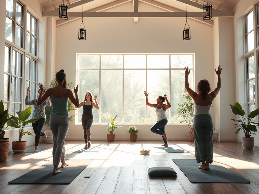 Een rustige yogastudio met zonlicht en mensen die oefenen.