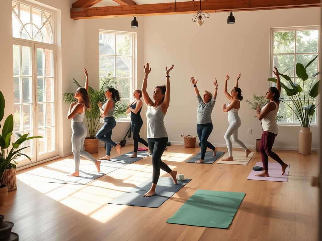 Een rustige yogastudio met diverse mensen in beweging.