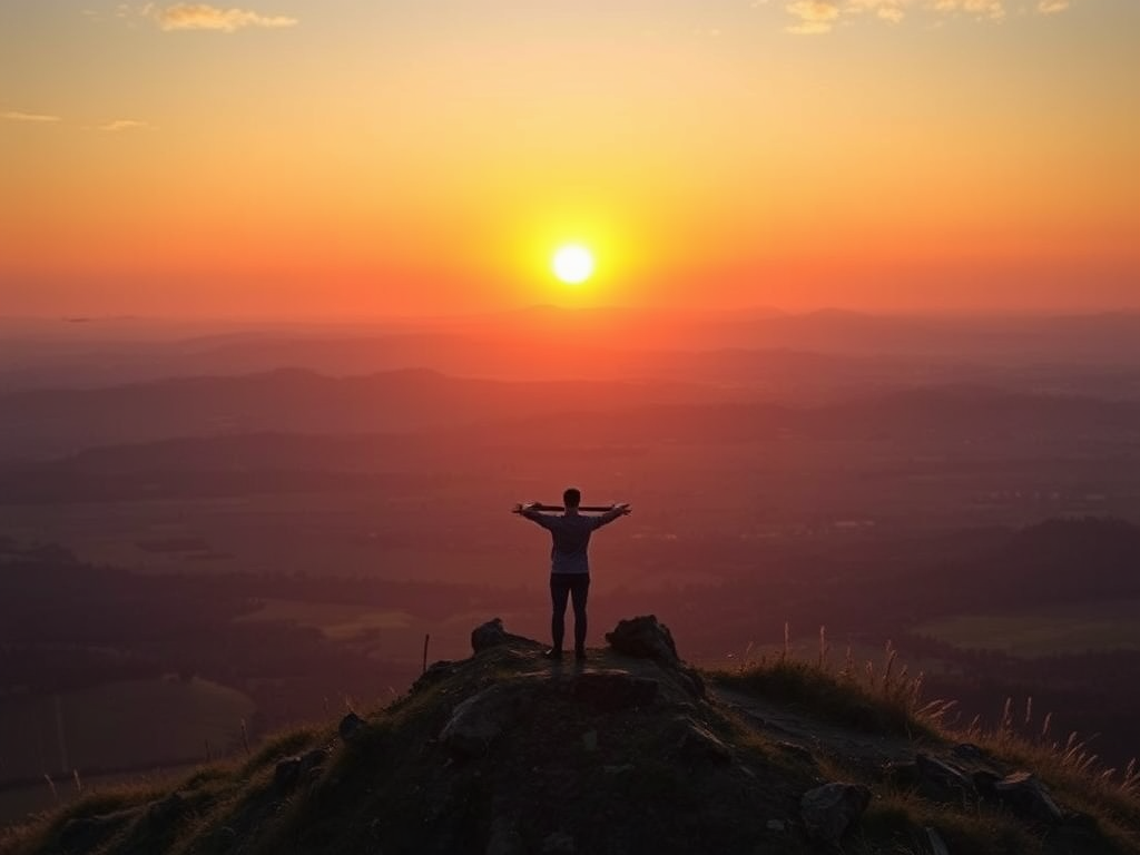 Een persoon staat op een heuveltop met zonsopgang.
