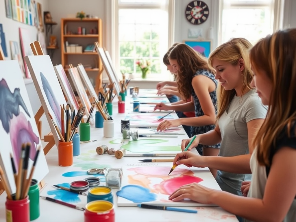 Een levendige aquarel schilderles met blije studenten.