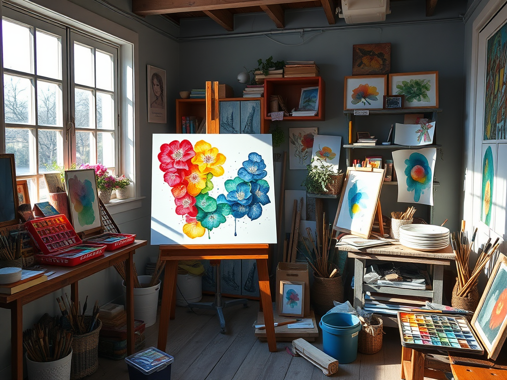 Een serene kunstenaarsstudio met een grote ezel en schilderijen.