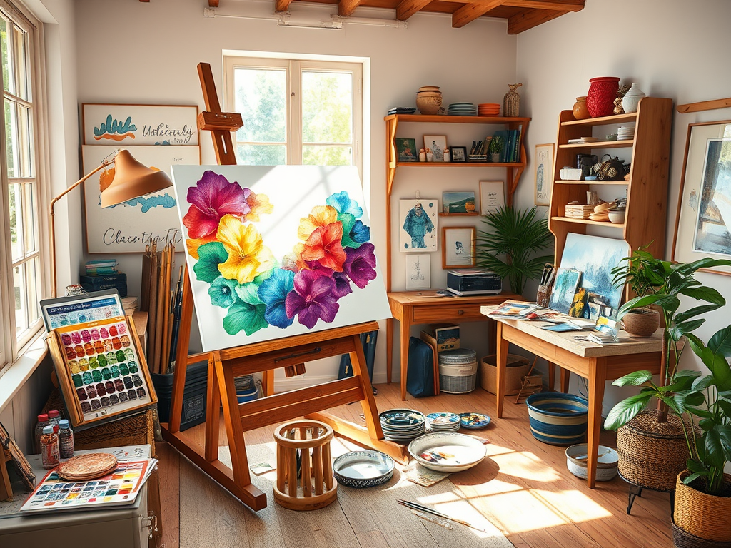 Een serene kunstenaarsstudio met een groot schildersezel en kleurrijke aquarellen.