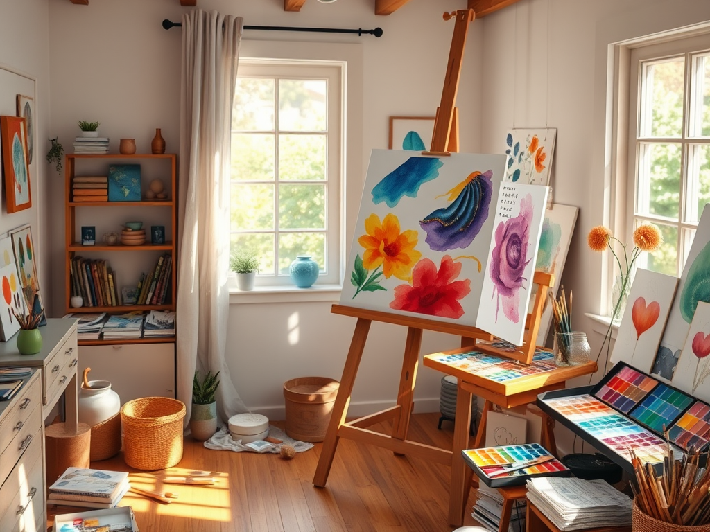 Een serene kunstenaarsstudio met een grote ezel en kleurrijke schilderijen.