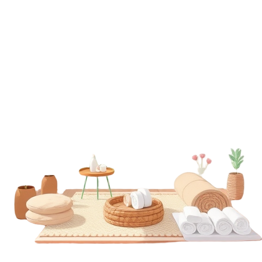 Een serene wellnessruimte met comfortabele meubels en producten.