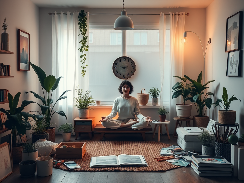 Een rustige meditatieplek met planten en kunstbenodigdheden.