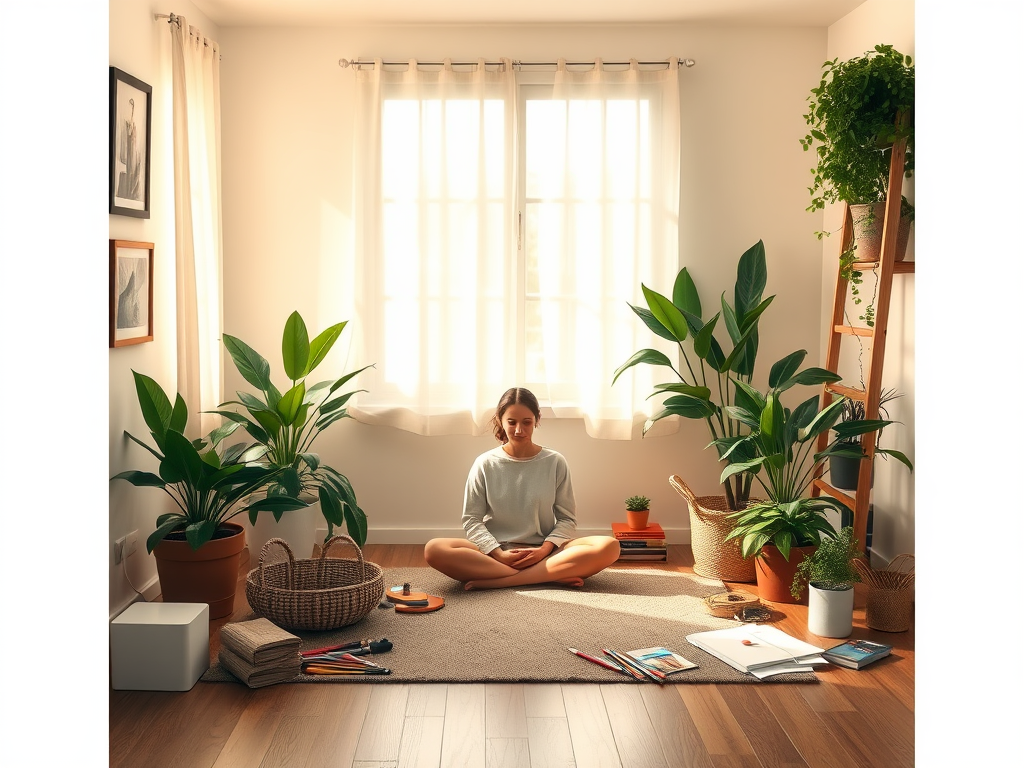 Een rustige meditatieruimte met planten en kunstbenodigdheden.