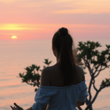 A serene woman meditating "on a cliff overlooking a calm ocean at sunset" "soft pink and orange sky" "gentle waves below" "lush green trees nearby" "peaceful and tranquil atmosphere"