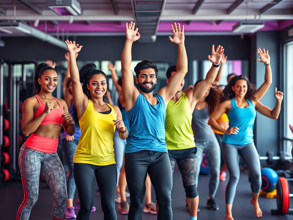 Een levendige groep mensen die samen aan fitness doet.