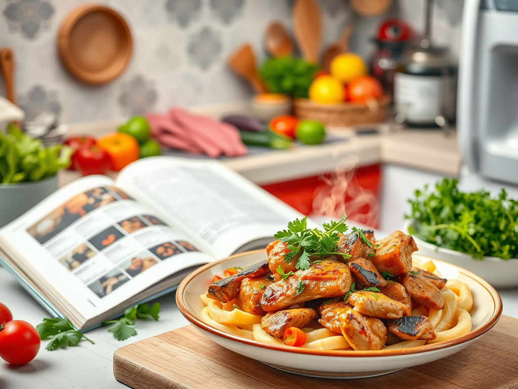 Een levendige keuken met kleurrijke ingrediënten en een kookboek.