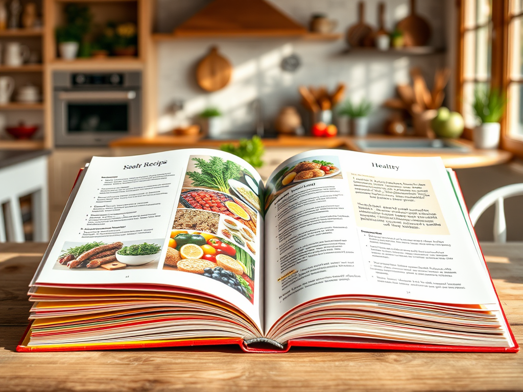 Een open kookboek met kleurrijke pagina's en een gezellige keuken.