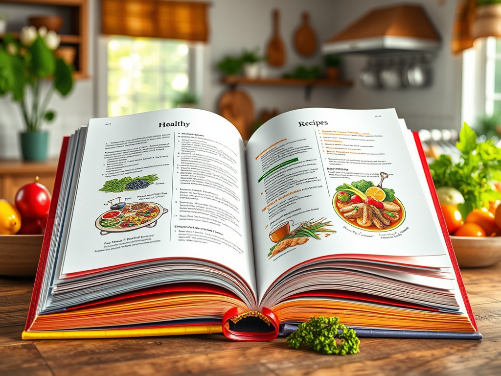 Een open kookboek met kleurrijke pagina's en verse ingrediënten.