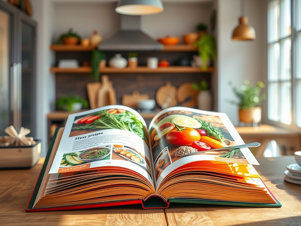 Een open kookboek met kleurrijke pagina's en verse ingrediënten.