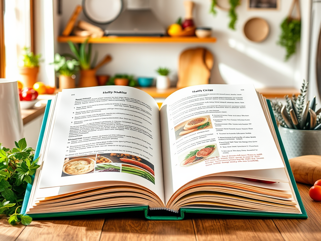 Een open kookboek met kleurrijke pagina's en verse ingrediënten.