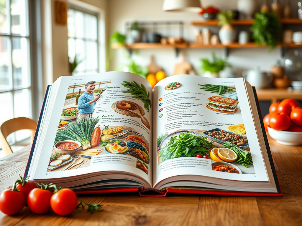 Een open kookboek met kleurrijke pagina's en verse ingrediënten.