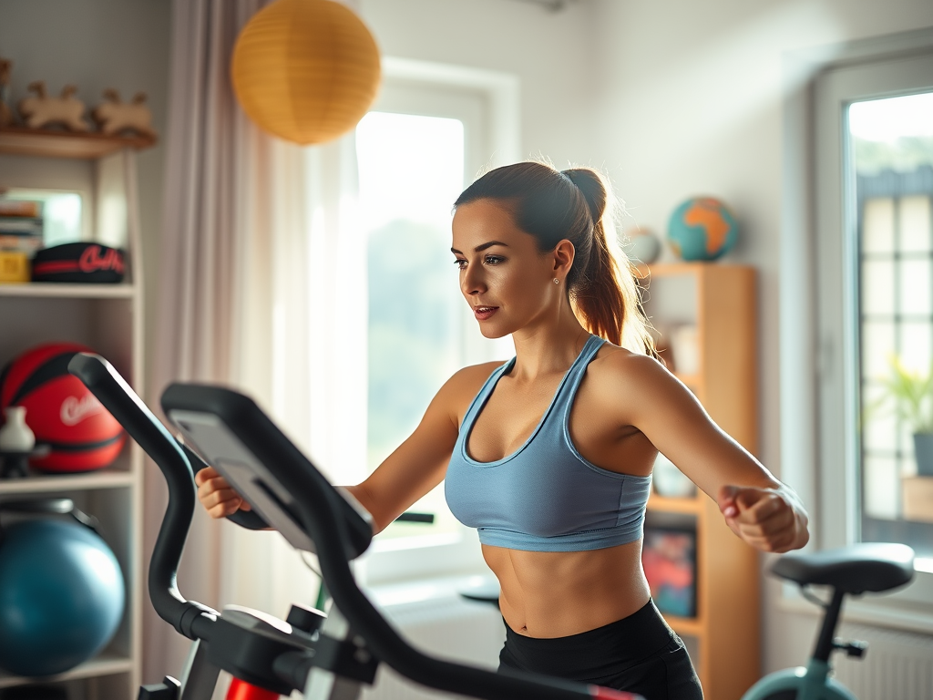Een vrouw die thuis aan het sporten is.