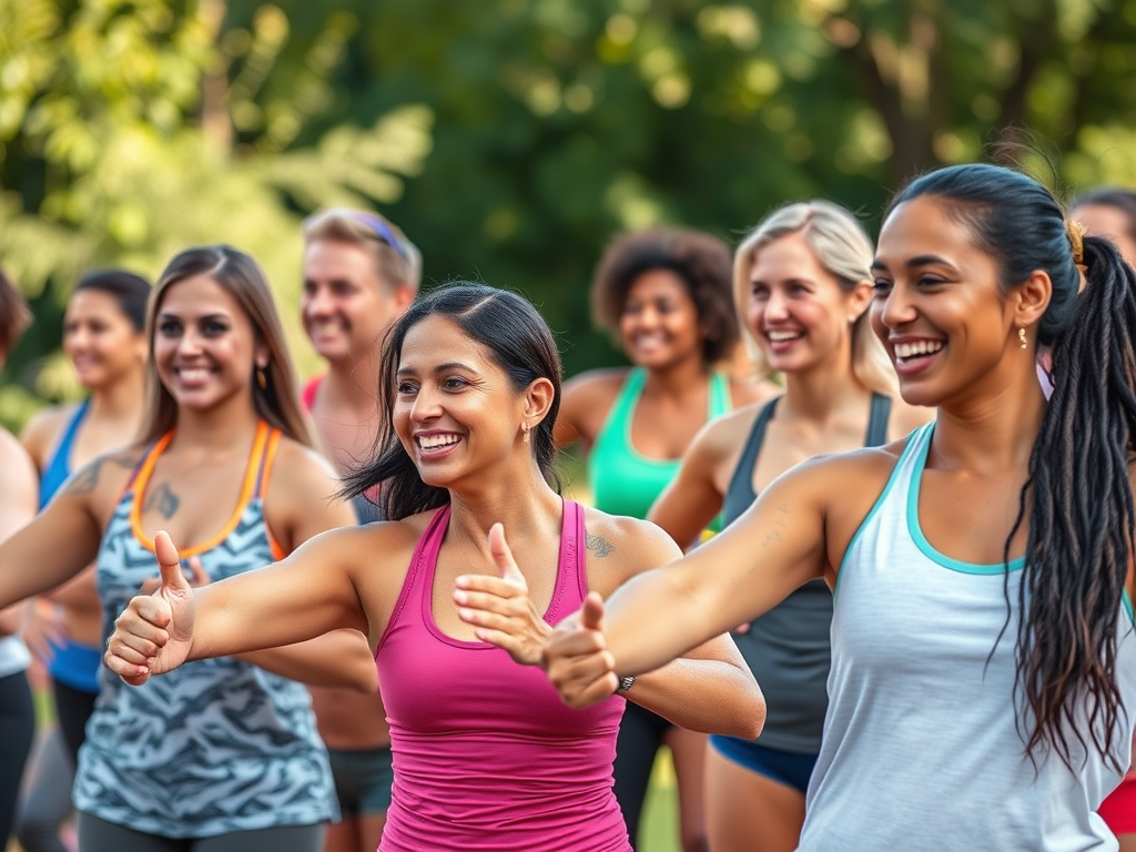 Een diverse groep mensen die vrolijk deelneemt aan een fitnessles buiten.