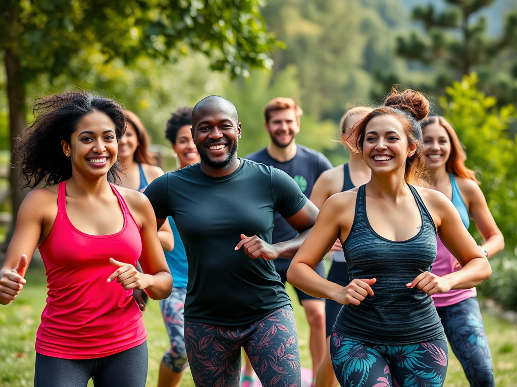 Een diverse groep mensen die lachend deelneemt aan een fitnessactiviteit buiten.