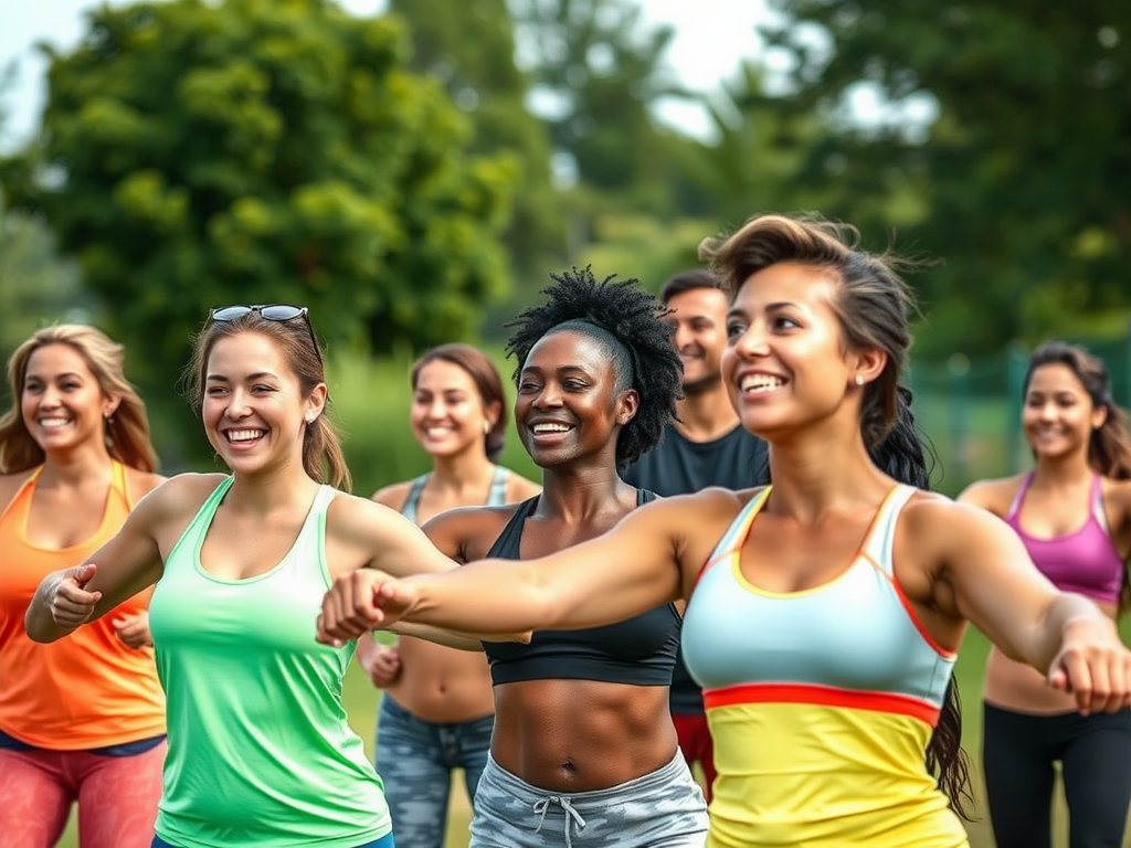 Een diverse groep mensen die lachend deelneemt aan een fitnessles buiten.