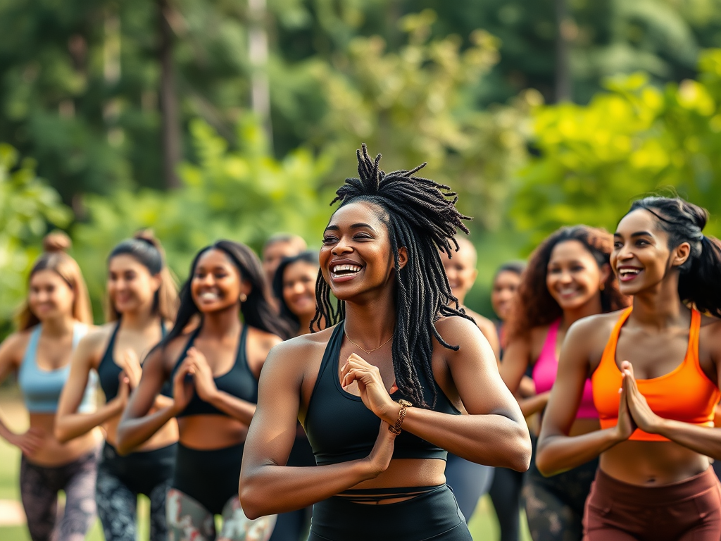 Een diverse groep mensen die enthousiast deelneemt aan een fitnessles in de natuur.