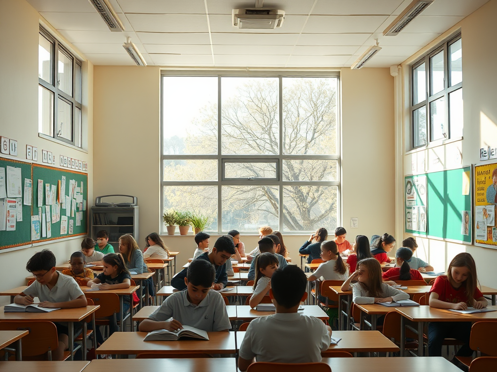 Een rustige klas met diverse leerlingen die leren.