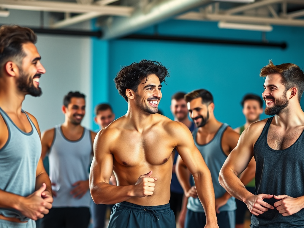 Een diverse groep jonge mannen in een fitnessles, lachend.