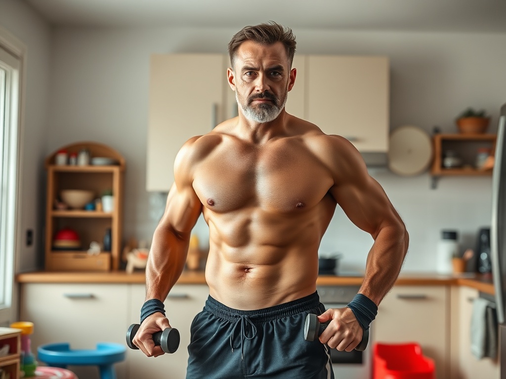 "A rugged, fit man in his early 40s training at home, short 30-45 minute sessions, clean kitchen and kids’ toys in background, warm lighting, confident pose, minimalist gym gear, emphasis on dedication and progress"