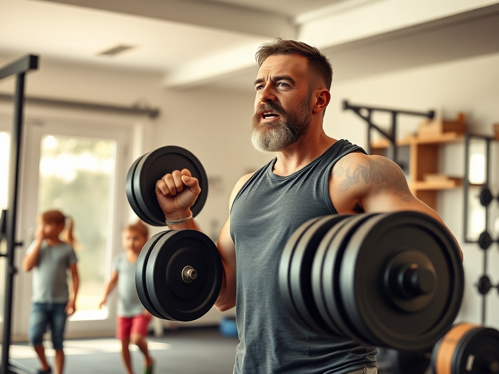 A rugged, determined father in his 30s-40s lifting weights in a bright home gym, playful kids in the background, warm lighting, motivational ambiance, clean lines, no logos.