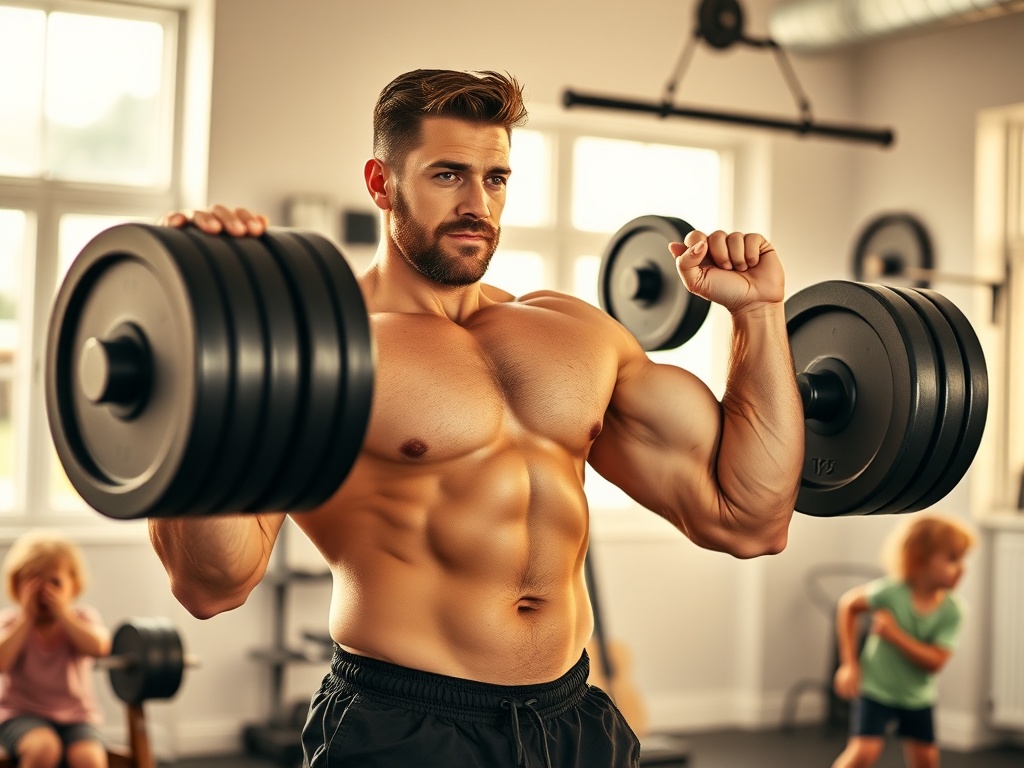 A rugged, determined father in his 30s-40s lifting weights in a bright home gym, playful kids in the background, warm lighting, motivational ambiance, clean lines, no logos.