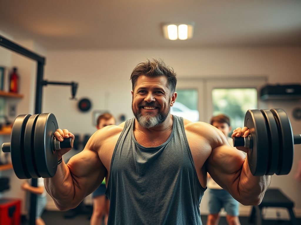 A rugged, determined father in his 30s-40s lifting weights in a bright home gym, playful kids in the background, warm lighting, motivational ambiance, clean lines, no logos.