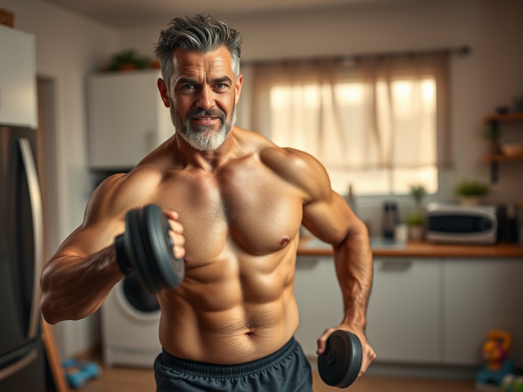 "A rugged, fit man in his early 40s training at home, short 30-45 minute sessions, clean kitchen and kids’ toys in background, warm lighting, confident pose, minimalist gym gear, emphasis on dedication and progress"