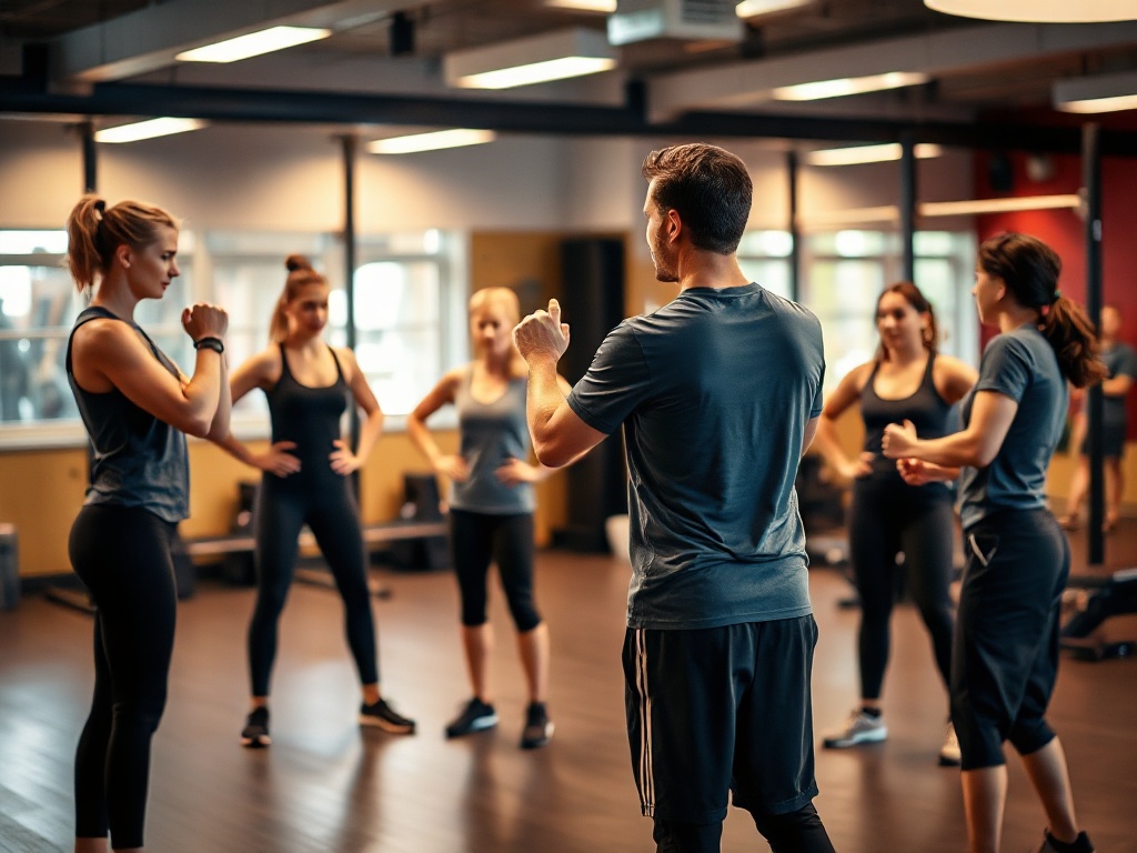 Small-group circuit gym scene, personal trainer closely coaching 6 participants, dynamic strength, balance, coordination stations, supportive mood, warm lighting, motion blur, safety.