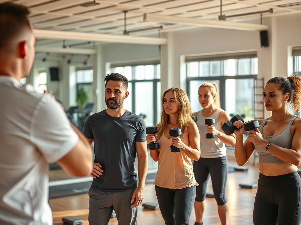 A bright modern gym scene with four adults in small group circuit training, coach observing form, focused expressions, dumbbells, balance pads, soft lighting, dynamic motion, no logos.
