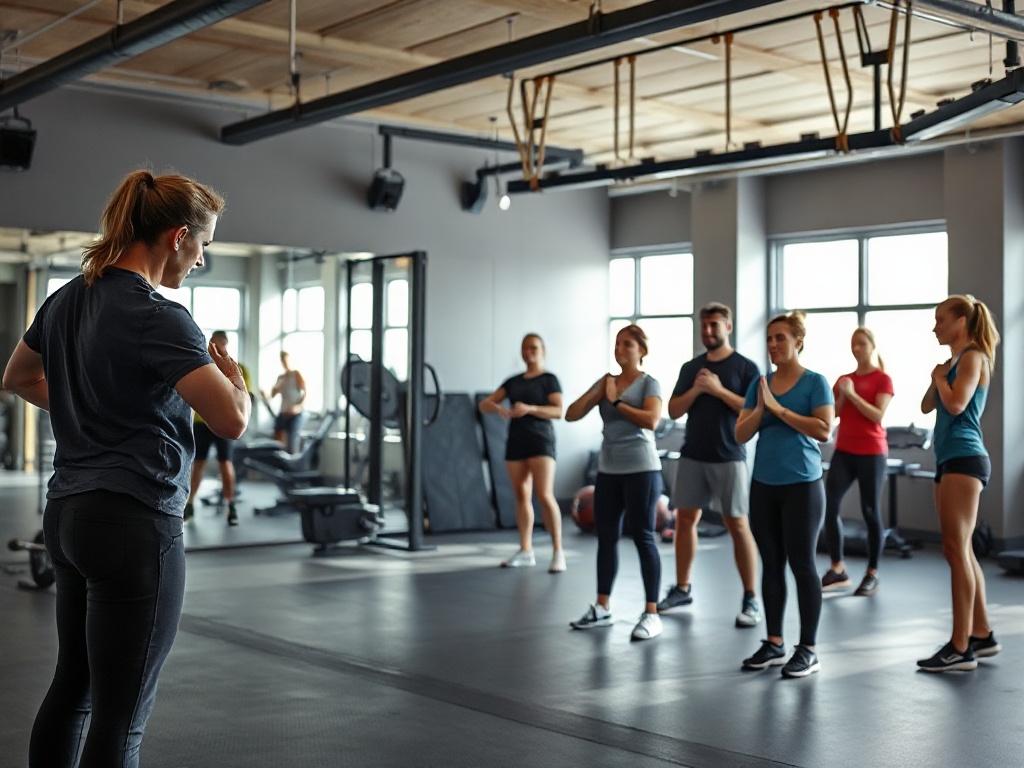 A modern fitness studio showing small group circuit training; a coach closely guiding diverse adults through balance, strength, and endurance stations; dynamic lighting, energetic atmosphere, no logos.