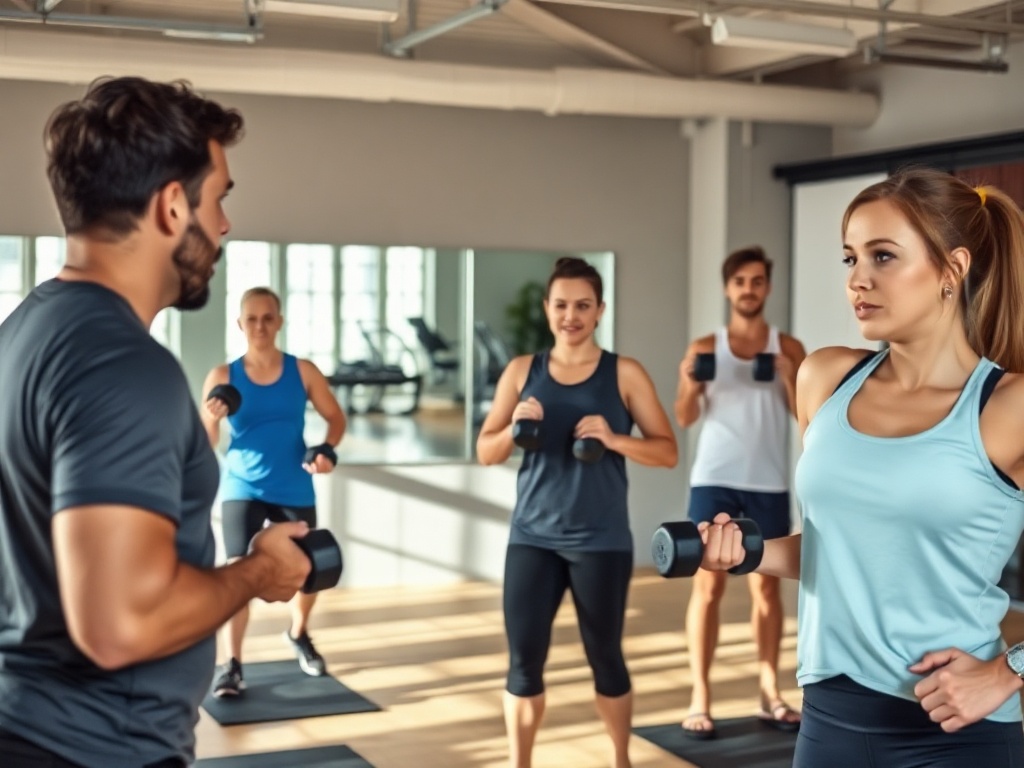 A bright modern gym scene with four adults in small group circuit training, coach observing form, focused expressions, dumbbells, balance pads, soft lighting, dynamic motion, no logos.