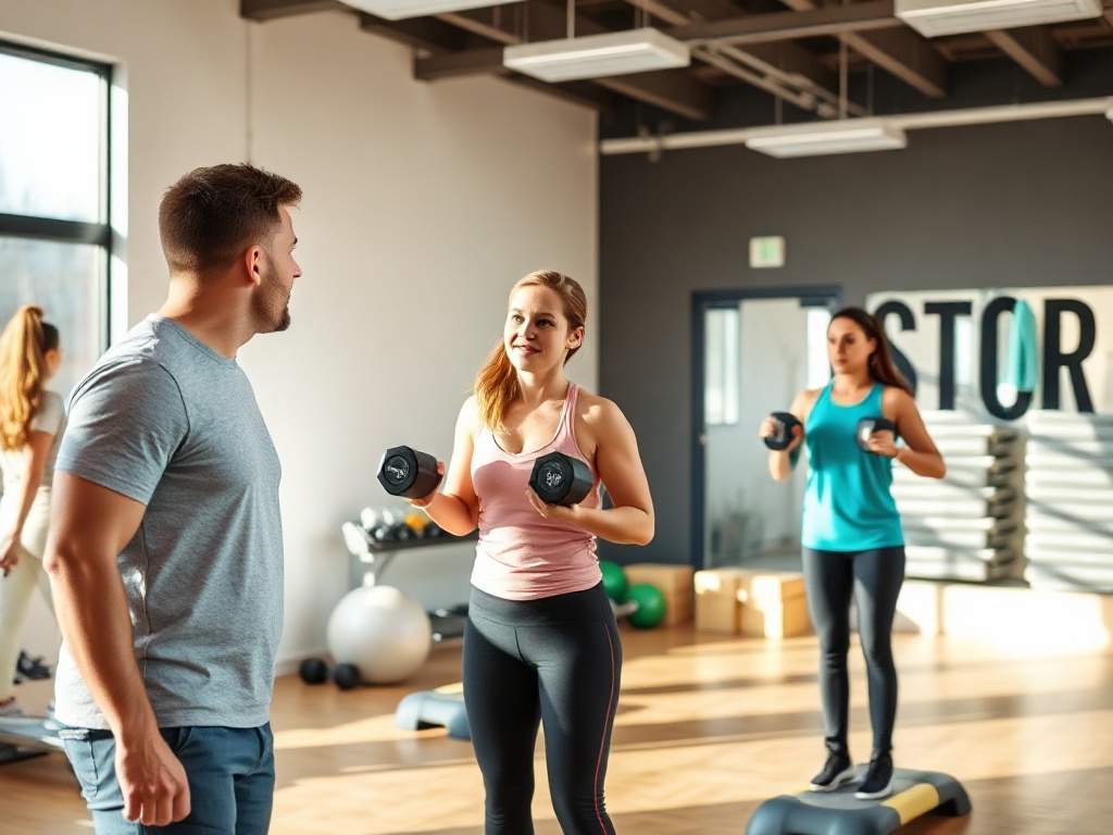 A bright modern gym scene with four adults in small group circuit training, coach observing form, focused expressions, dumbbells, balance pads, soft lighting, dynamic motion, no logos.