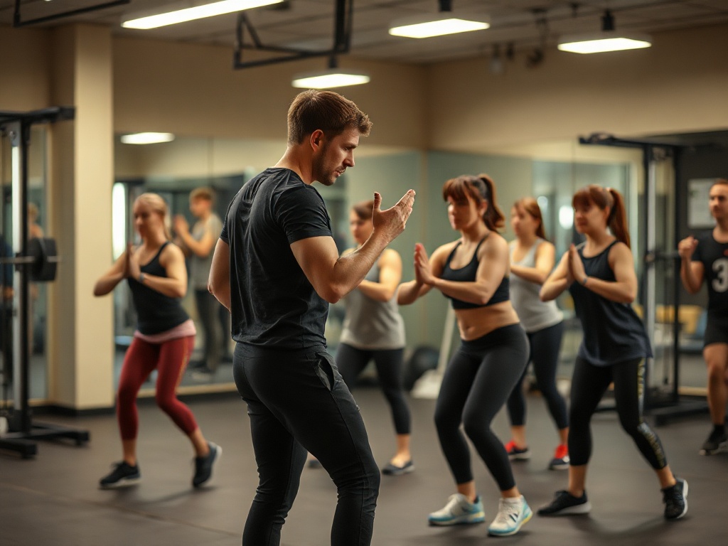 Small-group circuit gym scene, personal trainer closely coaching 6 participants, dynamic strength, balance, coordination stations, supportive mood, warm lighting, motion blur, safety.