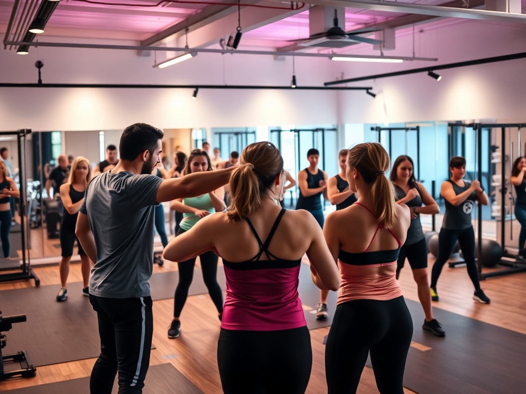 A modern fitness studio showing small group circuit training; a coach closely guiding diverse adults through balance, strength, and endurance stations; dynamic lighting, energetic atmosphere, no logos.