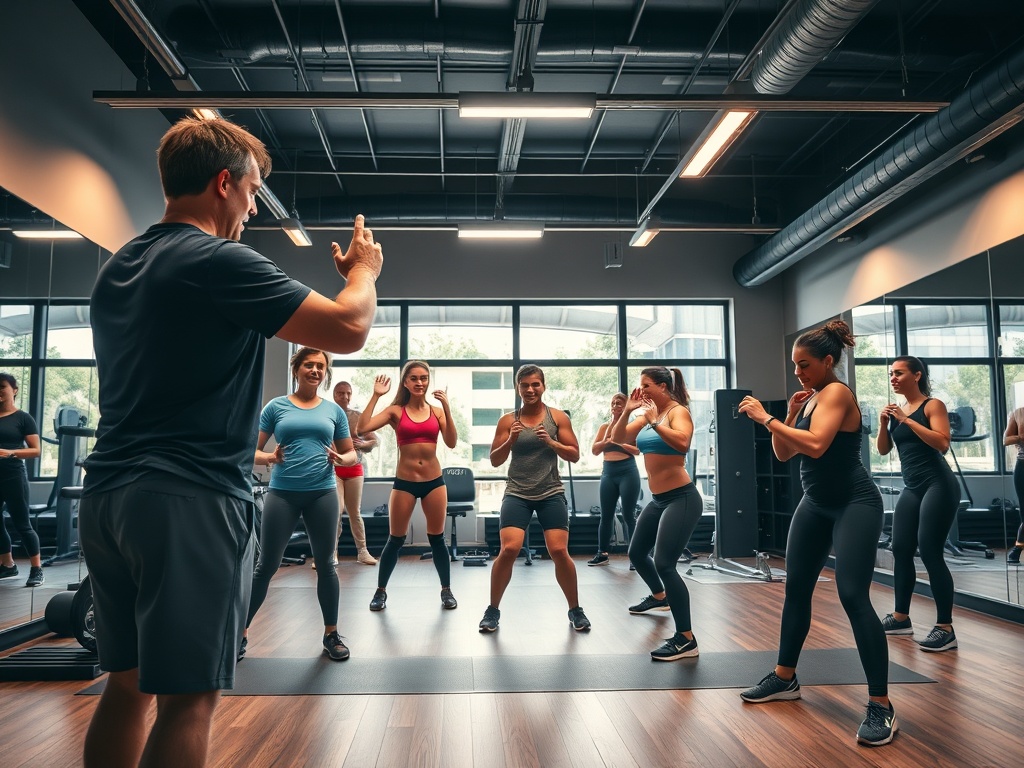 A modern fitness studio showing small group circuit training; a coach closely guiding diverse adults through balance, strength, and endurance stations; dynamic lighting, energetic atmosphere, no logos.