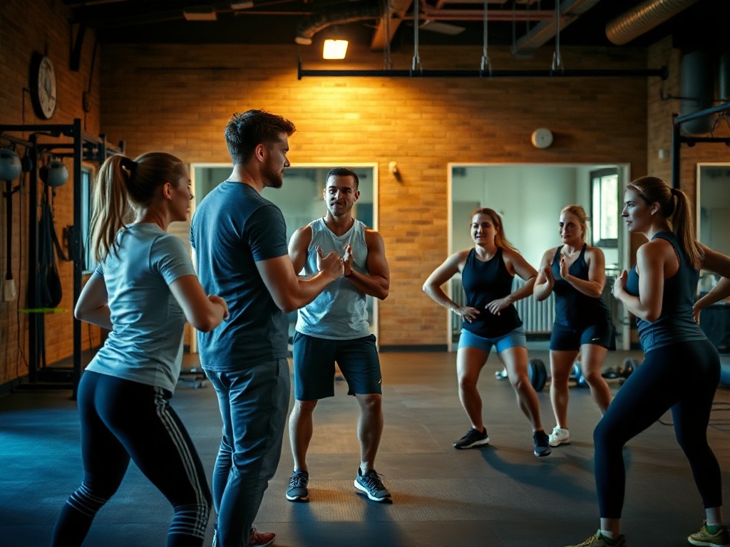 Small-group circuit gym scene, personal trainer closely coaching 6 participants, dynamic strength, balance, coordination stations, supportive mood, warm lighting, motion blur, safety.