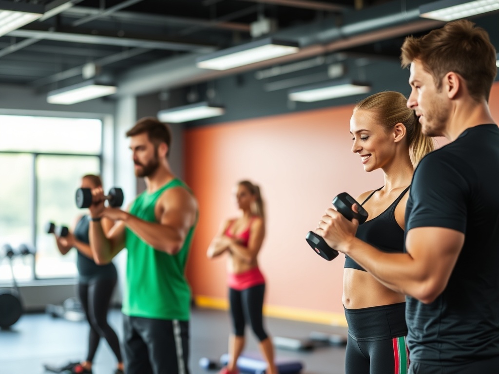 "small group circuit training" "coach closely monitoring form" "dumbbells and balance pads" "athletic men and women" "bright gym lighting" "focused, supportive mood"