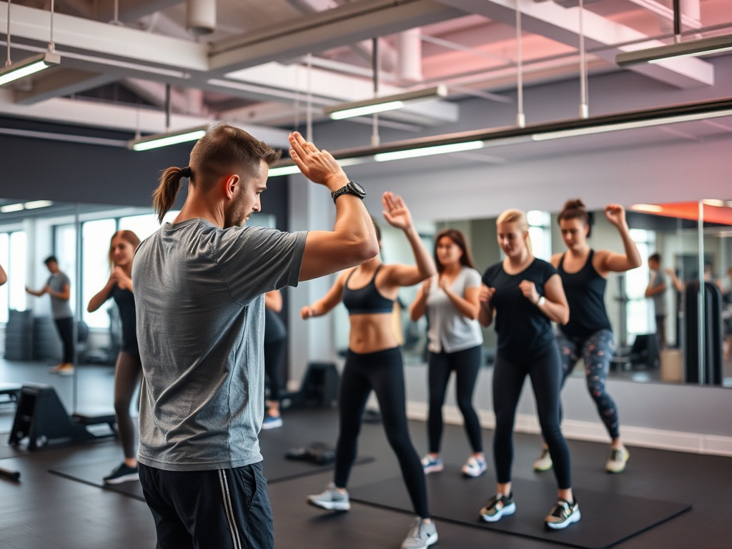 A modern fitness studio showing small group circuit training; a coach closely guiding diverse adults through balance, strength, and endurance stations; dynamic lighting, energetic atmosphere, no logos.