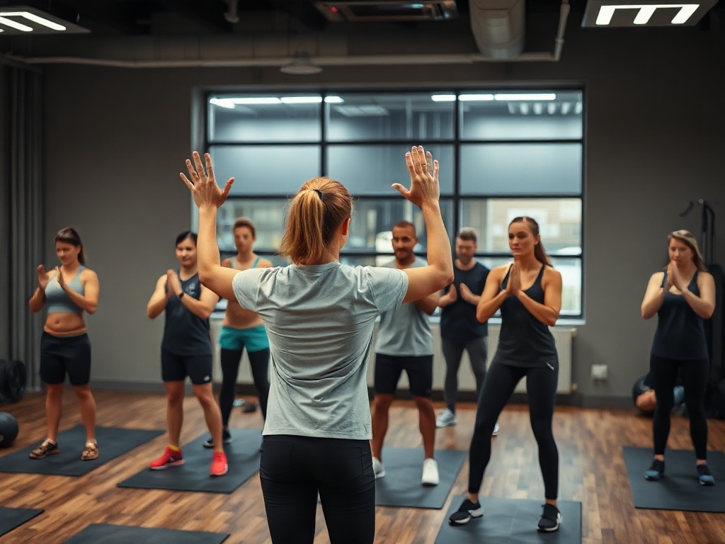 A modern fitness studio showing small group circuit training; a coach closely guiding diverse adults through balance, strength, and endurance stations; dynamic lighting, energetic atmosphere, no logos.