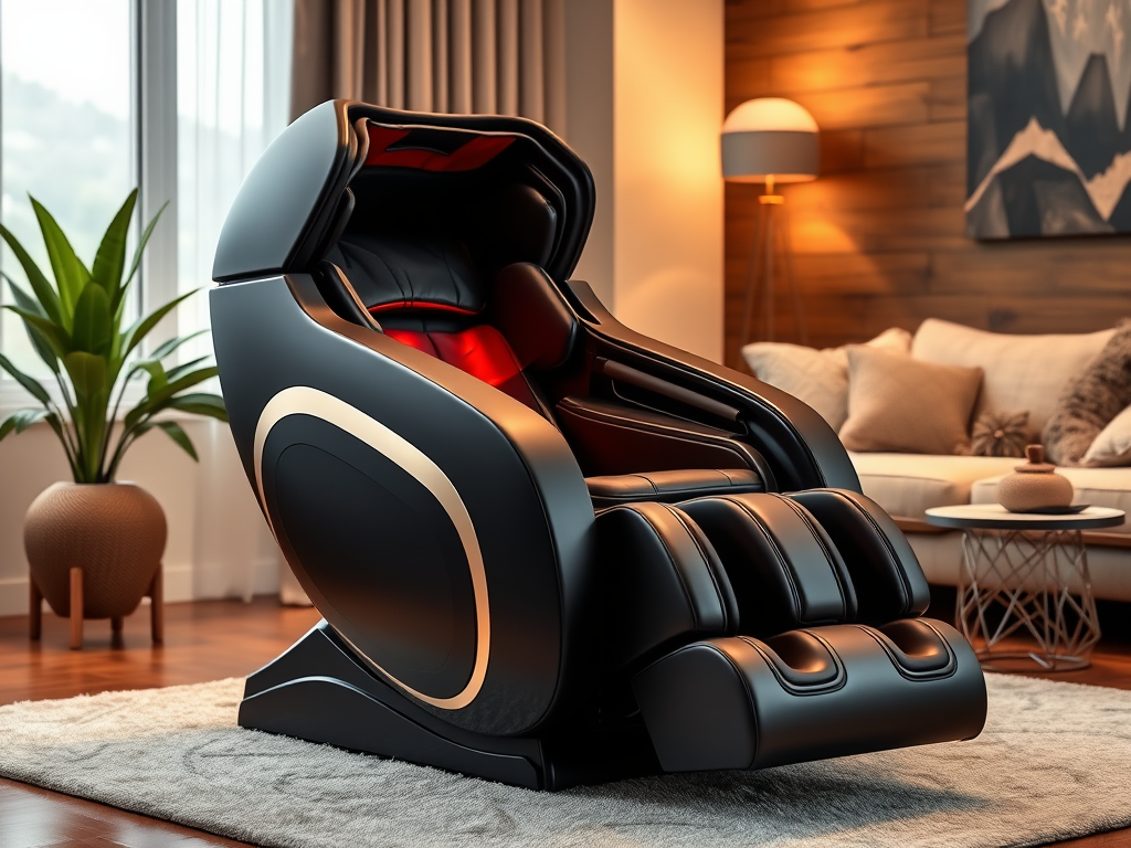 A sleek modern massage chair in a cozy living room, soft lighting, rich textures, plush cushions, gentle hands massaging back muscles, serene atmosphere.