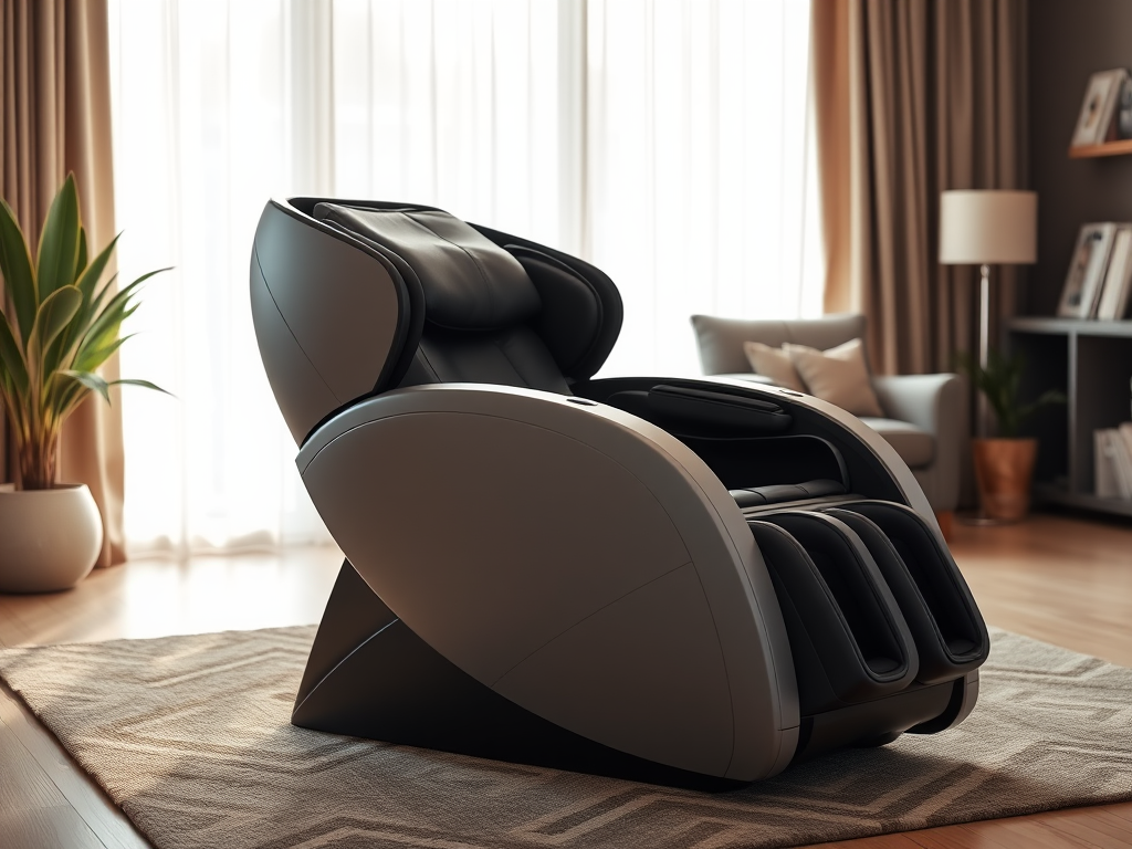 A sleek modern massage chair in a cozy living room, soft lighting, rich textures, plush cushions, gentle hands massaging back muscles, serene atmosphere.