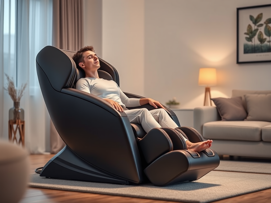 A sleek, modern massage chair "dark leather" in a cozy living room "soft lighting" with a relaxed person "closed eyes" enjoying foot massage, calming ambiance.