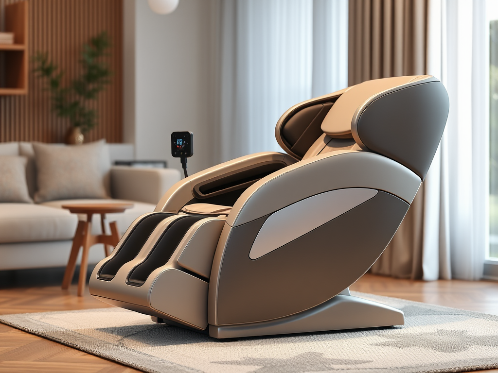 A sleek, modern massage chair "F1150" in a cozy home setting, "ergonomic seat," "adjustable backrest," built-in "footrest," soft lighting, calm ambiance.