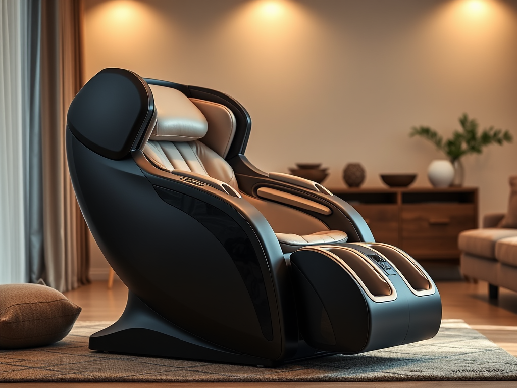 A sleek modern massage chair in a cozy living room, soft lighting, rich textures, plush cushions, gentle hands massaging back muscles, serene atmosphere.