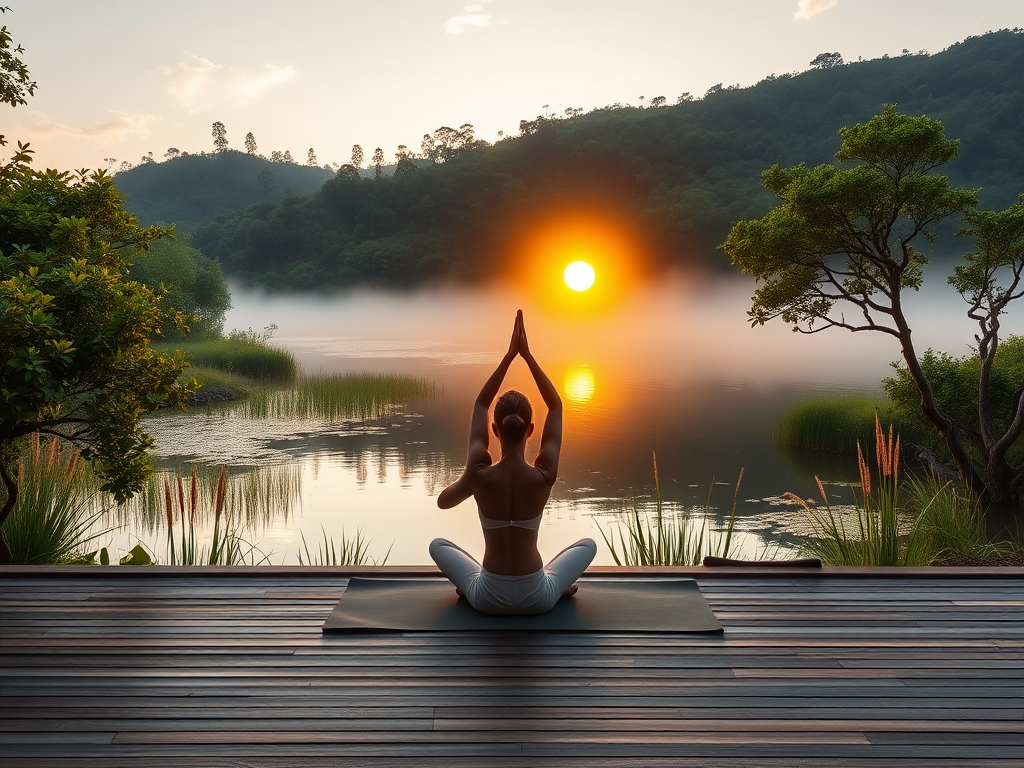 Een vrouw doet yoga bij zonsopgang aan een rustige waterkant.