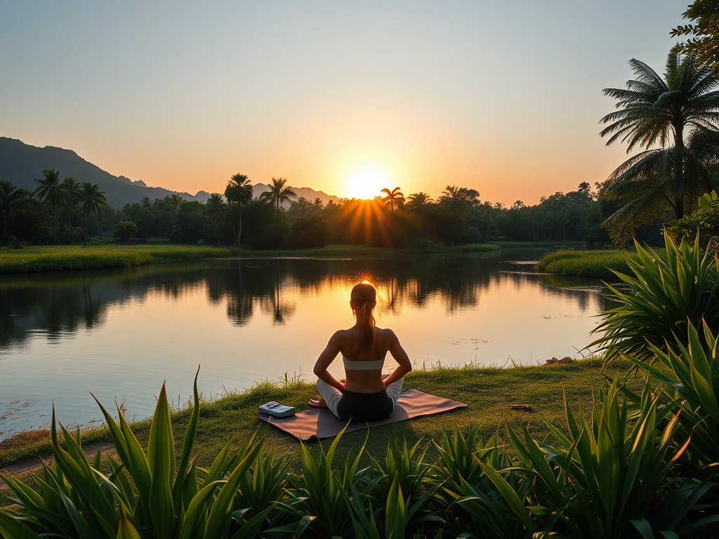 Een vrouw mediteert tijdens yoga bij zonsopgang.