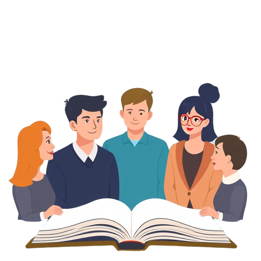 Groep mensen rondom een open boek.